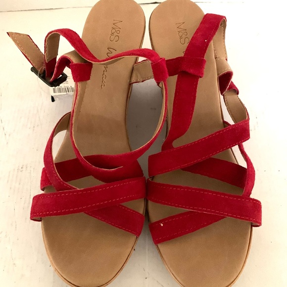 Marks & Spencer red suede sandals straps lightweight platform wedges Eur42 US 11 - Picture 3 of 6